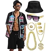 80s 90s Outfit for Men, Hip Hop Costume Baseball Jersey Shirt Shorts Rapper Accessories 1990s Party Costume