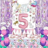5th Girl Birthday Unicorn Party Decorations set, 5 Year Old Party Supplies for Girls with Balloons Garland kit, Birthday Tablecloth, Unicorn Banner