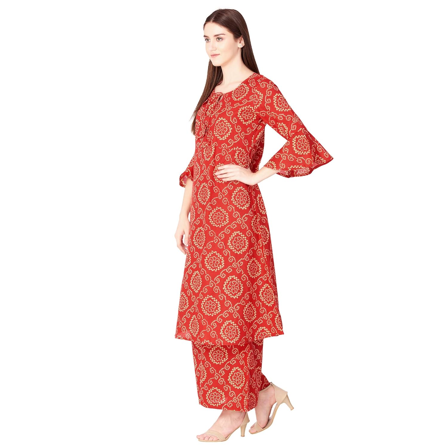 ortange readymade women's cotton kurta, palazzo with printed dupatta set