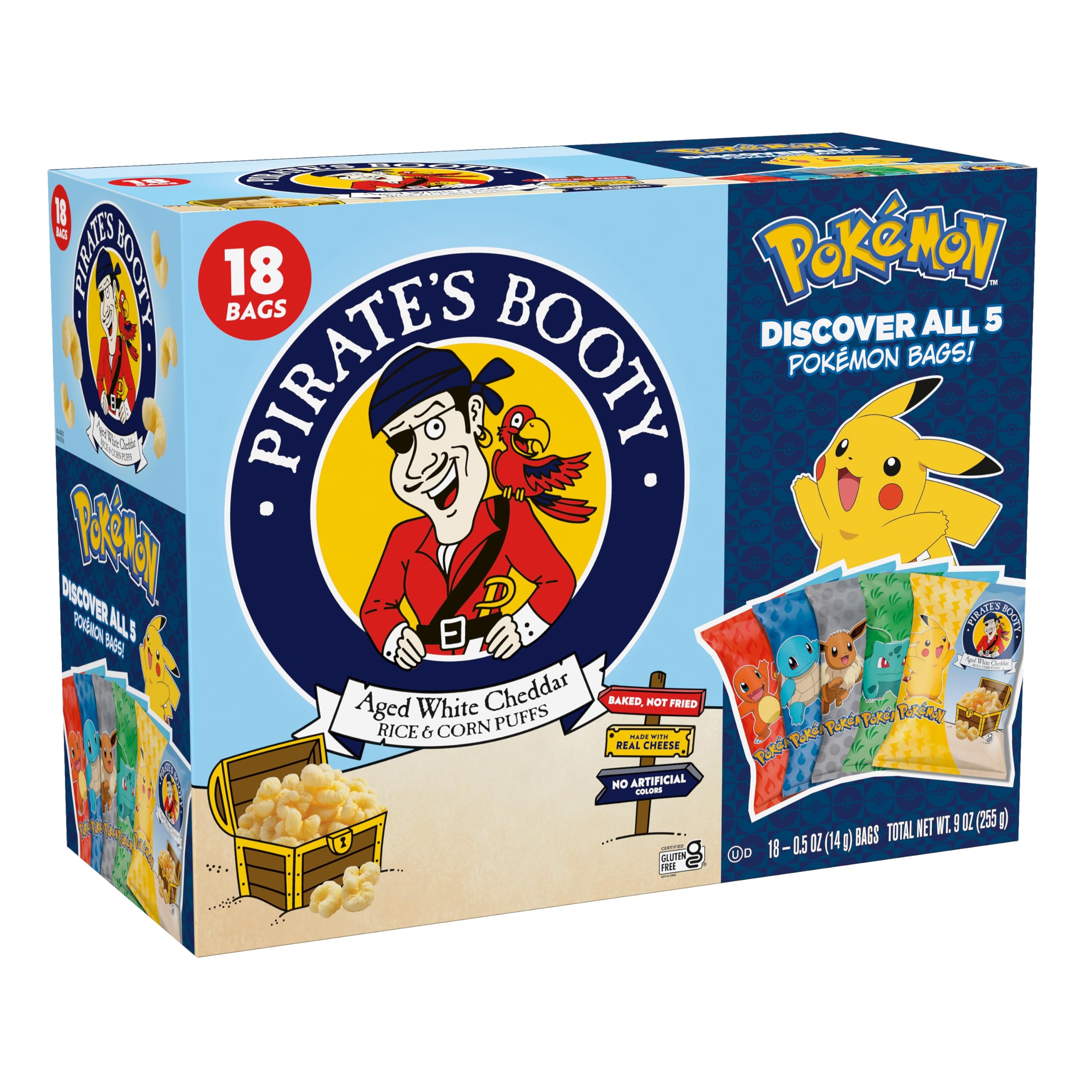 Photo 1 of *Exp 1/24/2026* Pirate's Booty Pokémon Multipack, Aged White Cheddar Cheese Puffs, Gluten-Free, Kids Snacks, 0.5oz (18ct)
