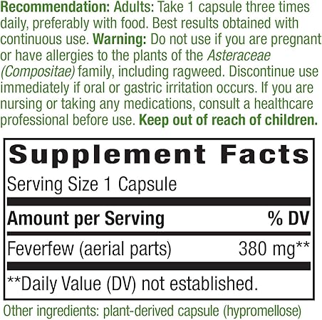 Natures Way Feverfew 380 Mg Tru Id Certified Non Gmo Project Vegetarian 180 Capsules