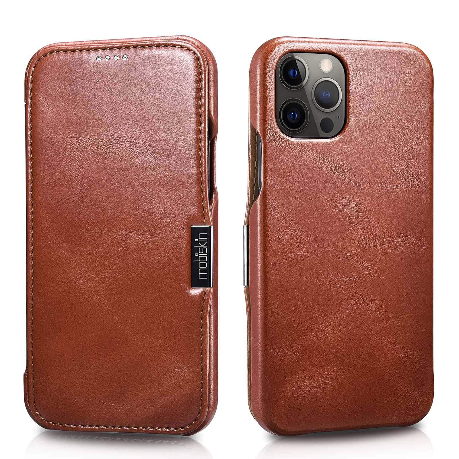 Mobiskin case compatible with Apple iPhone 12 PRO MAX (6.7 inch), cover with genuine leather, book-style protective phone case, ultra-slim folio, thin wallet, brown vintage