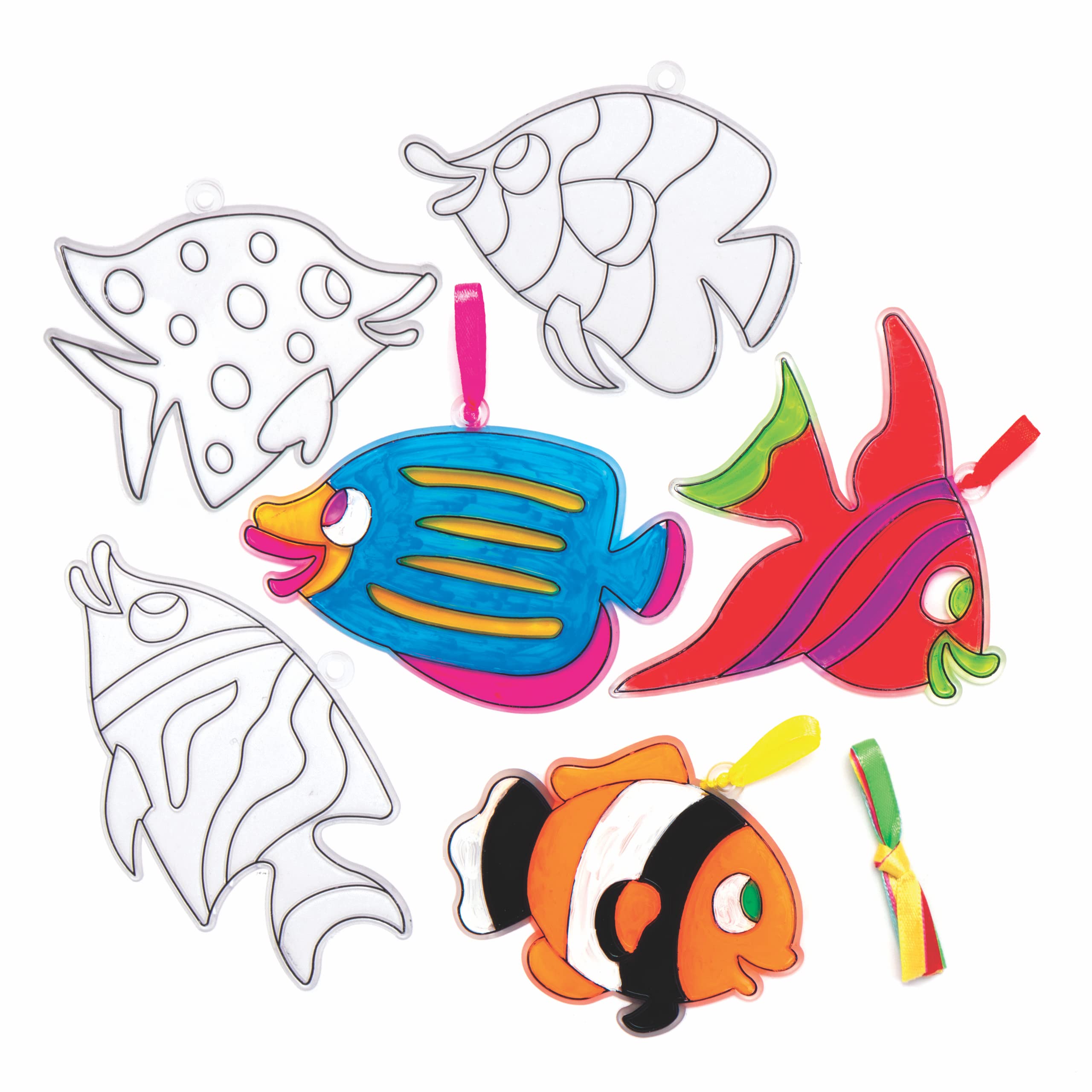 Baker Ross AT935 Tropical Fish Suncatchers - Pack of 10, Fun Plastic Designs for Children to Colour In and Decorate