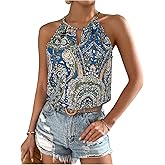 RoseSeek Women's Paisley Print Boho Halter Tops Cut Out Sleeveless Camisole Tops Vacation Cami Shirts
