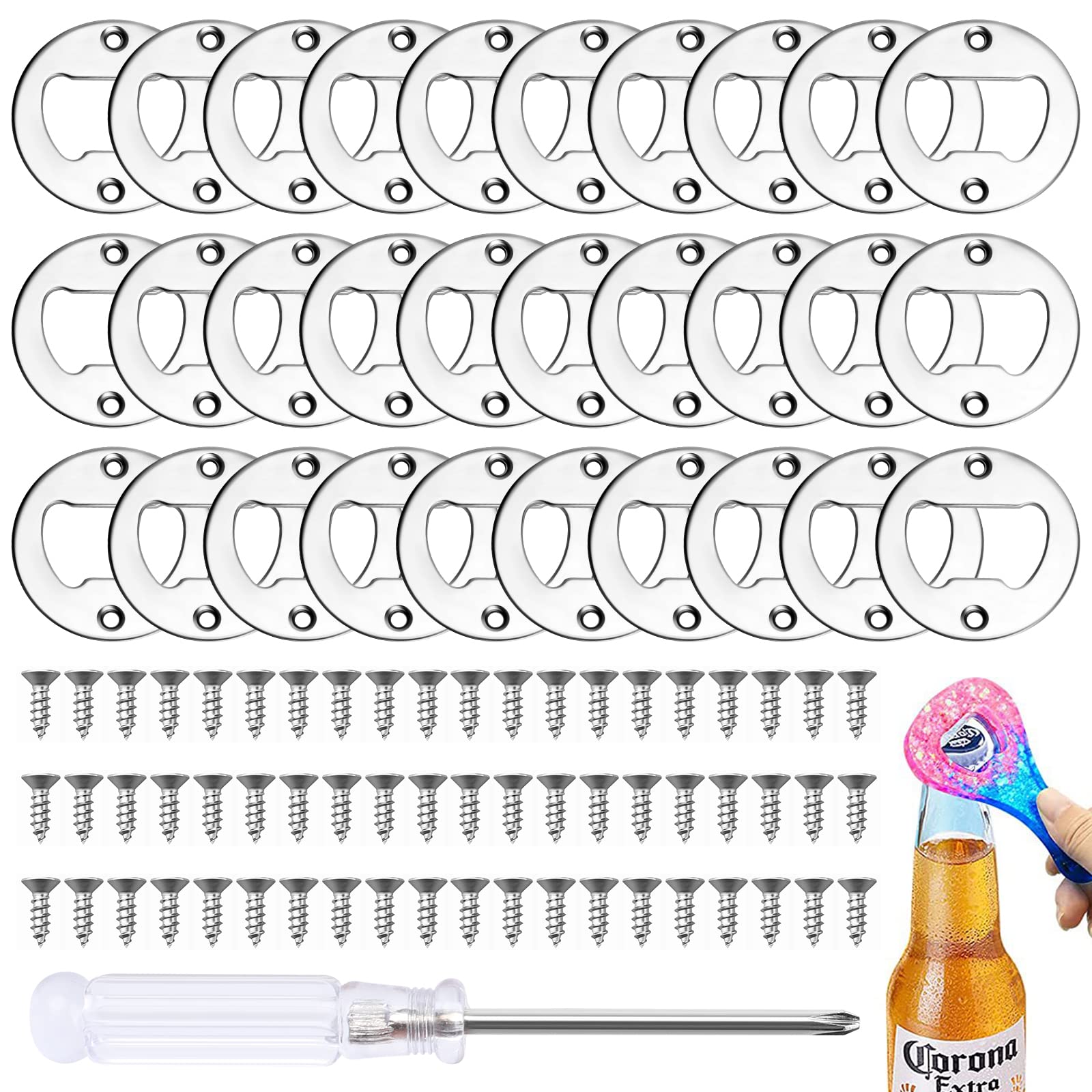 30pcs Stainless Steel Bottle Opener Inserts with 60 Screws and Screwdriver for DIY Resin Mould Crafts Making