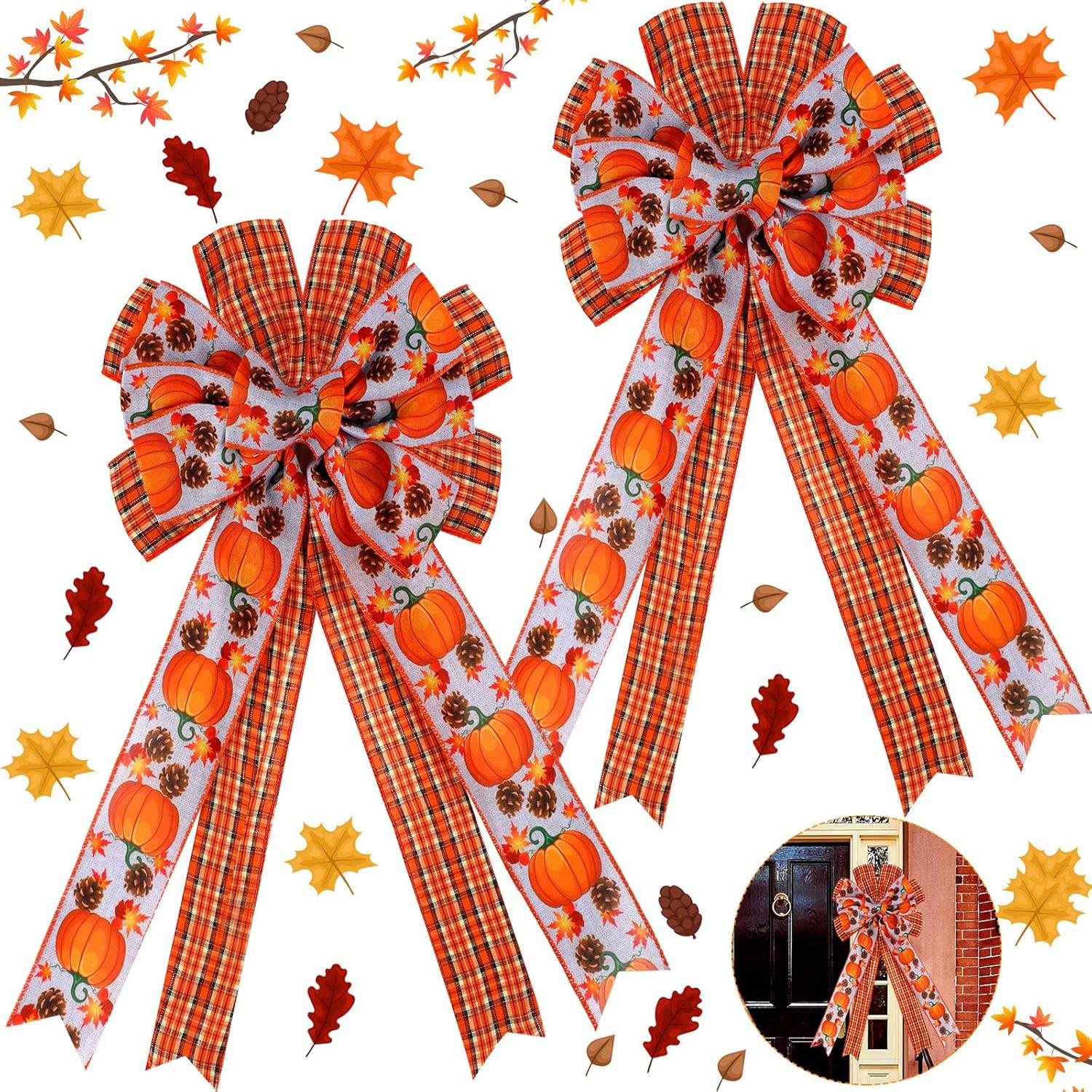 Bows & Ribbons - Zeyune 2 Pcs Fall Wreath Bows Large Pumpkin Buffalo Plaid Bows Decor Double Layer Thanksgiving Tree Topper for Autumn Holiday Indoor Outdoor Front Door Wall Decorations (Pumpkin Pine Cones)