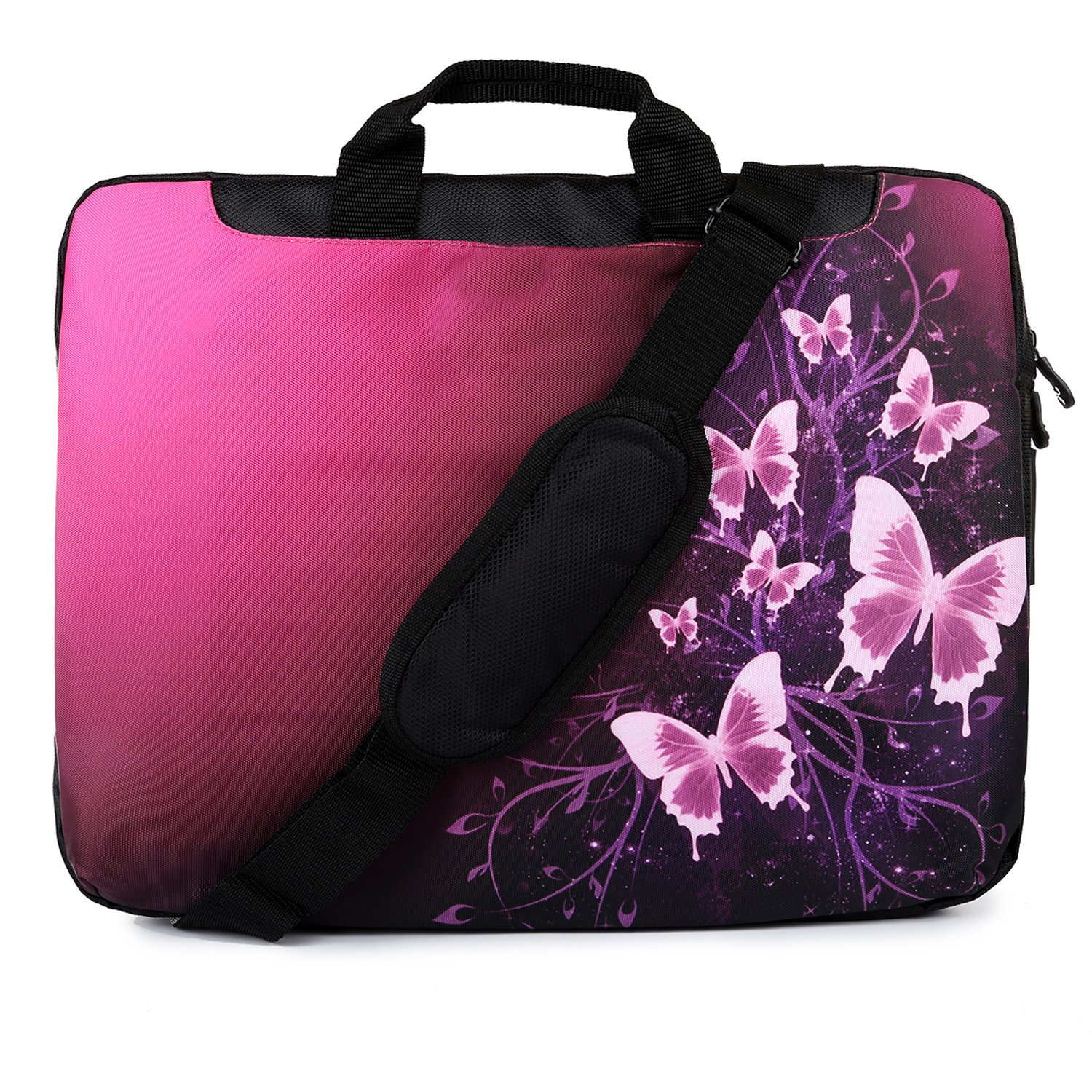 TaylorHe 15.6 inch 15 inch 16 inch Hard Wearing Nylon Laptop Carry Case Colourful Laptop Shoulder Bag with Patterns, Side Pockets Handles and Detachable Strap Pink Butterflies
