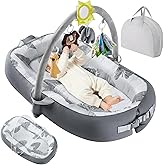 Swaathani Portable Baby Lounger For Travel,Breathable & Comfortable 100% Cotton Infant Lounger, Baby Nest 0-24 months Machine-Washable Newborn Lounger Newborn Essentials (Gray, Baby Lounger With Toys)