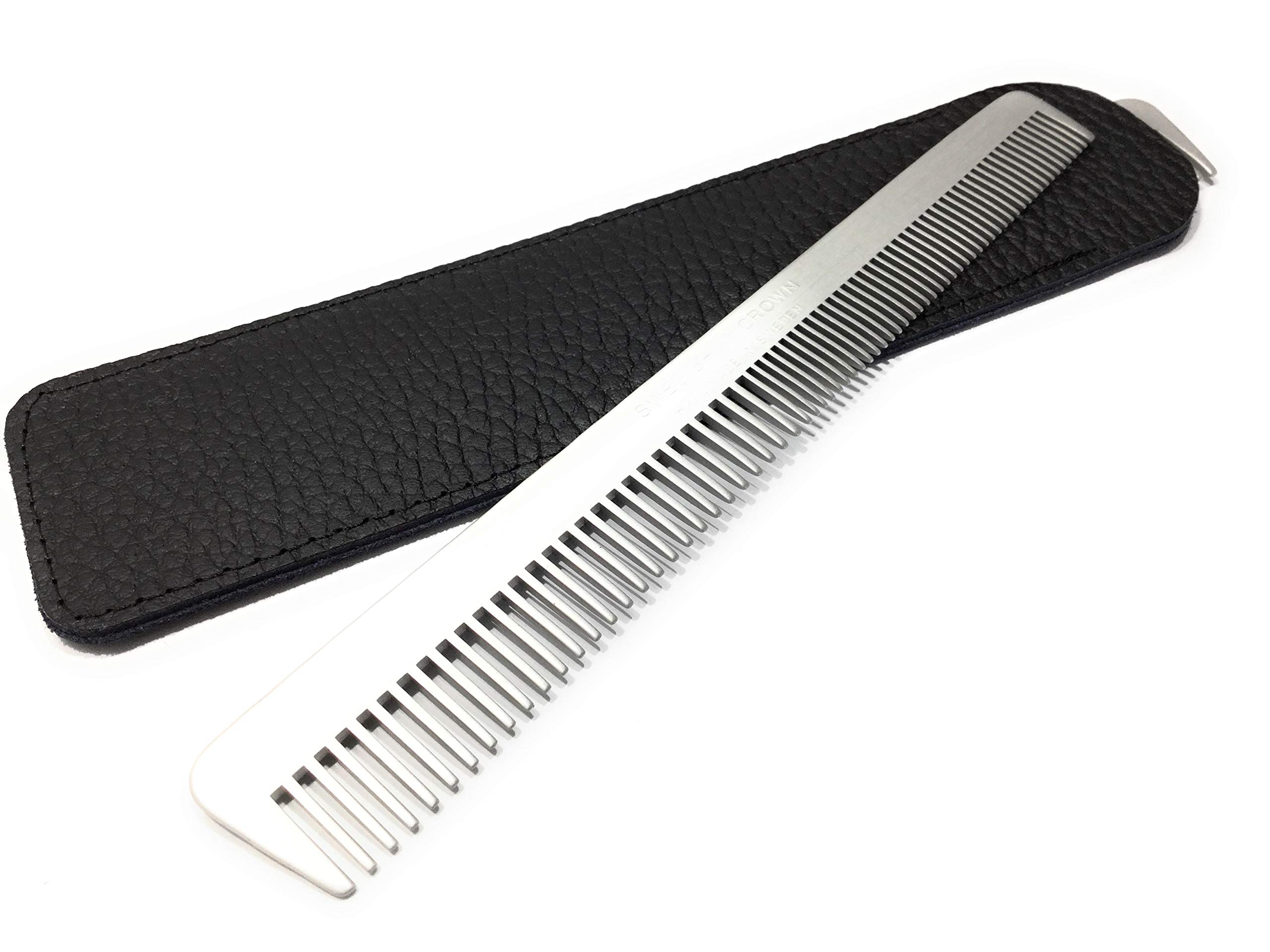 Swedish Crown Professional Men's Comb with Real Leather Case Aluminium Comb 15.5 cm (Anti-Static) Metal Comb Fine + Wide Teeth Beard Comb in Salon Design (2261 A-Et)