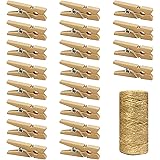 Mini Natural Wooden Clothespins with Jute Twine, 250pcs, 1 Inch Photo Paper Peg Pin Craft Clips with 66ft Natural Twine for S