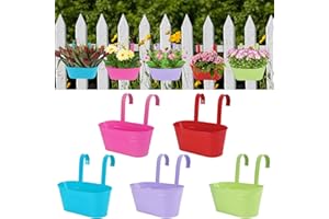 Glory Island 5 Pcs Hanging Flower Pot, Metal Iron Bucket Fence Hanging Planters for Outdoor Plants, Planter Box with Detachable Hooks for Railing Balcony Garden Yard