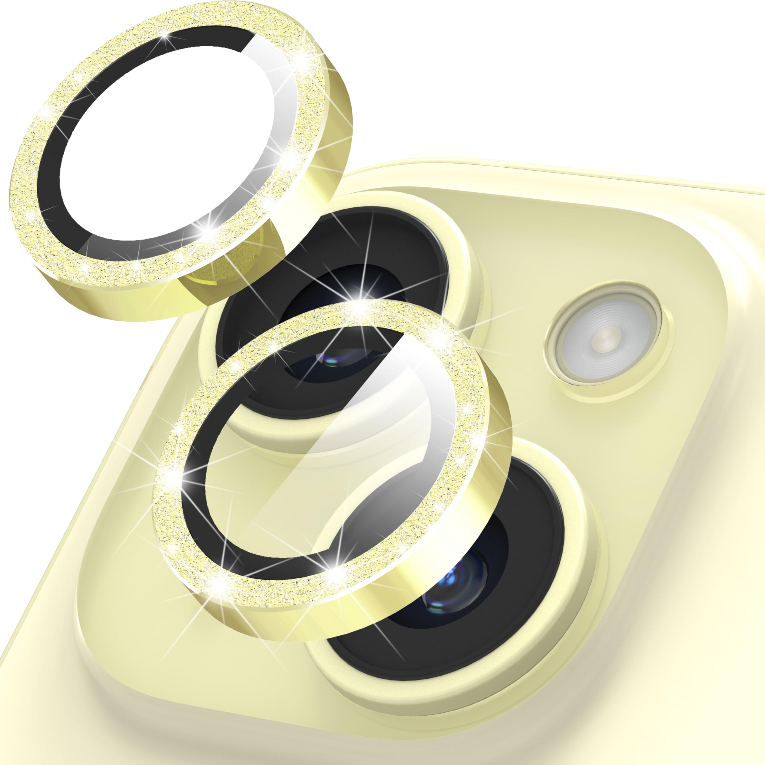 Diruite Camera Protector for iPhone 15/15 Plus Lens Cover,Glitter Decoration HD Tempering Glass+Aluminum Rim Camera Lens Protector