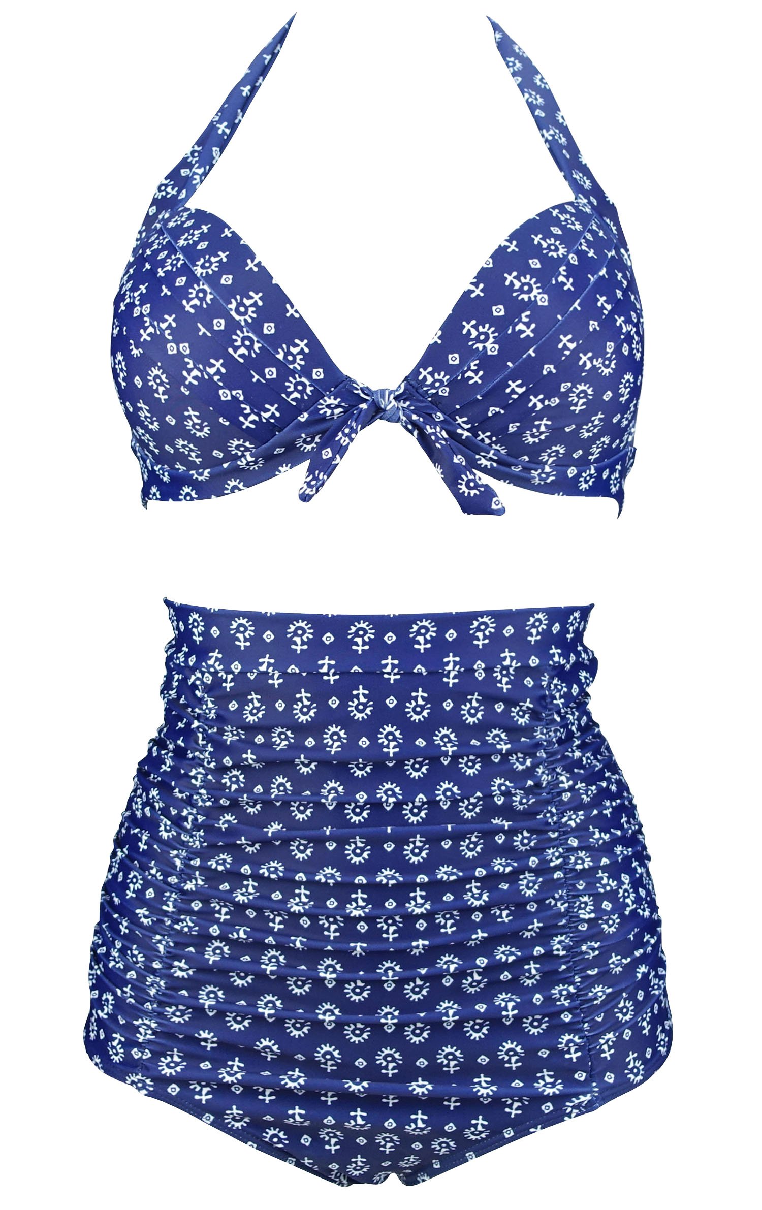 COCOSHIP Retro 50s Black Pink Blue Floral Halter High Waist Bikini Set Halter Carnival Swimsuit(FBA)