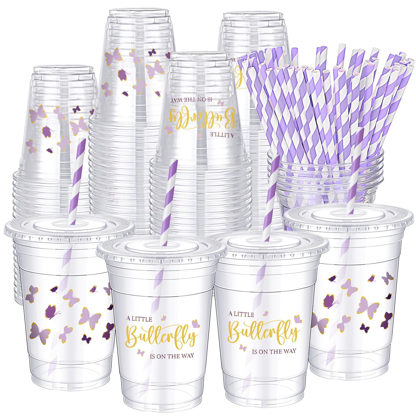 Photo 1 of 150 Pcs Purple Butterfly Baby Shower Party Disposable Plastic Cups Set 50 Pack 16 oz a Little Butterfly Is on the Way Include Baby Shower Cups with Lids and Paper Straws for Party Supplies Decoration