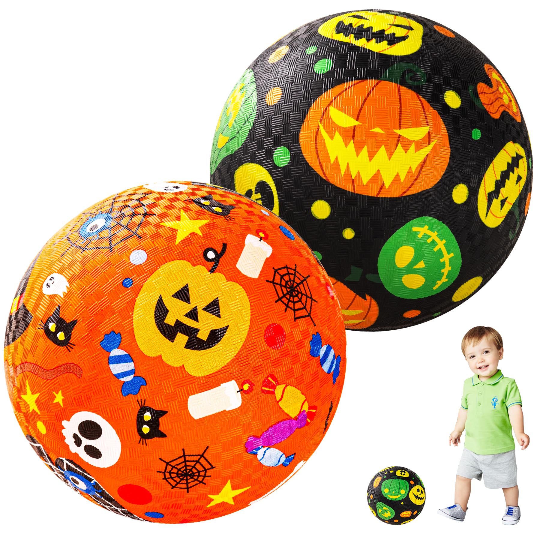 U&C Planet 2 Pack Halloween Playground Balls, 8.5 Inch Rubber Kickball & Handball for Kids 1-8 Years Includes Hand Pump for Indoor Outdoor Play (Pumpkin, Ghost Design)