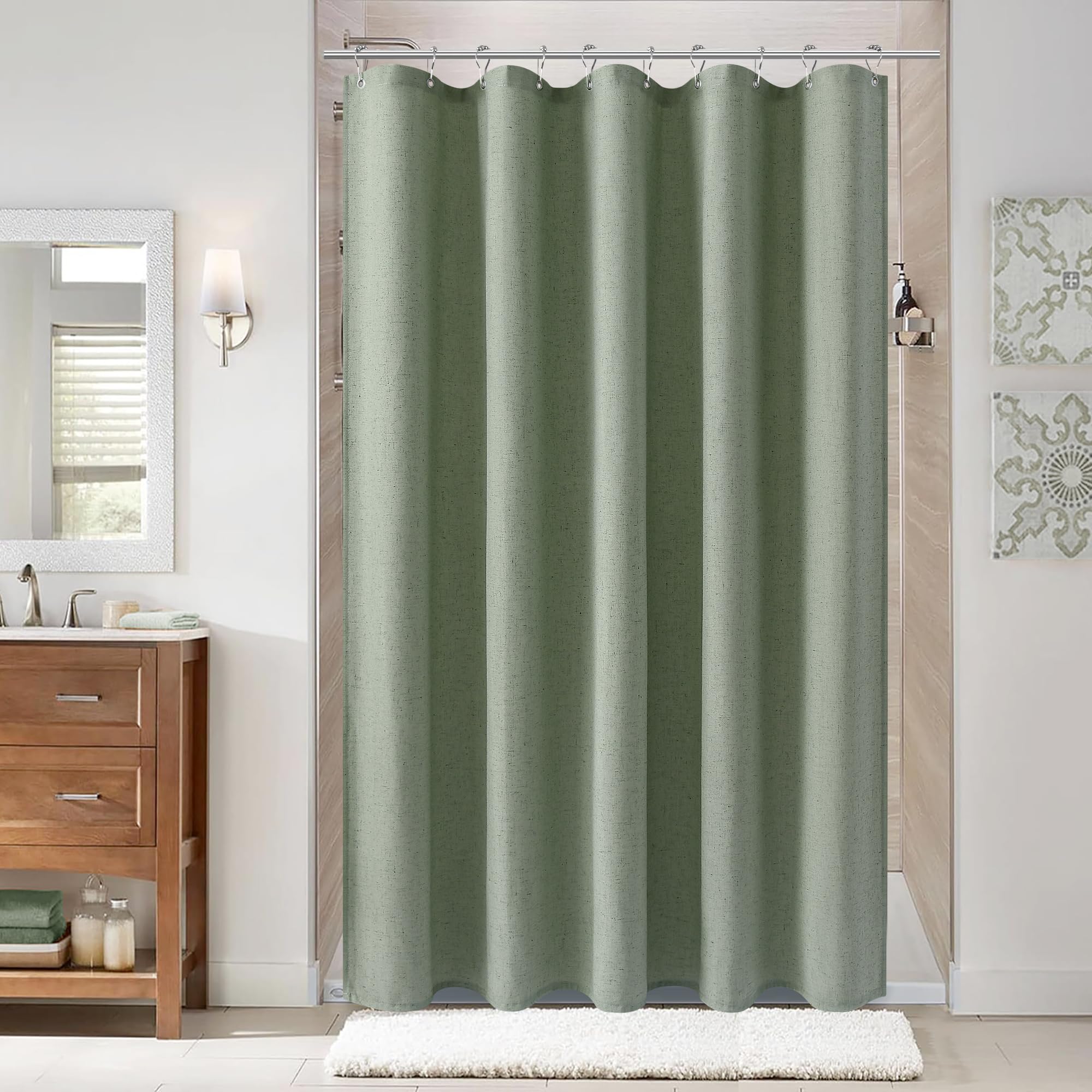 Naturoom Light Sage 54 Inch Shower Curtain - Stall Narrow Half Linen Ultra Thick Fabric Shower Curtain Set with Hooks, Boho Farmhouse Rustic RV Camper Bath Curtains for Bathroom, 54x78 Image