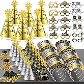 MOVINPE 2026 New Years Eve Party Supplies Bulk Set Serve 36, Cone Hats, Tiaras, Photo Booth Glasses Props, Squawkers, Blowouts, New Year's Party Favors Event Supplies for Kids Adults