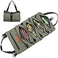 Wessleco Tool Roll Up Pouch, Tool Roll, 16OZ Canvas Multi-Purpose Wrench Roll Up Bag, Tool Roll Organizer, 5 Zipper Tool Pockets Electricians Tool Roll Pouch, Hanging Tool Zipper Carrier Tote(Green)