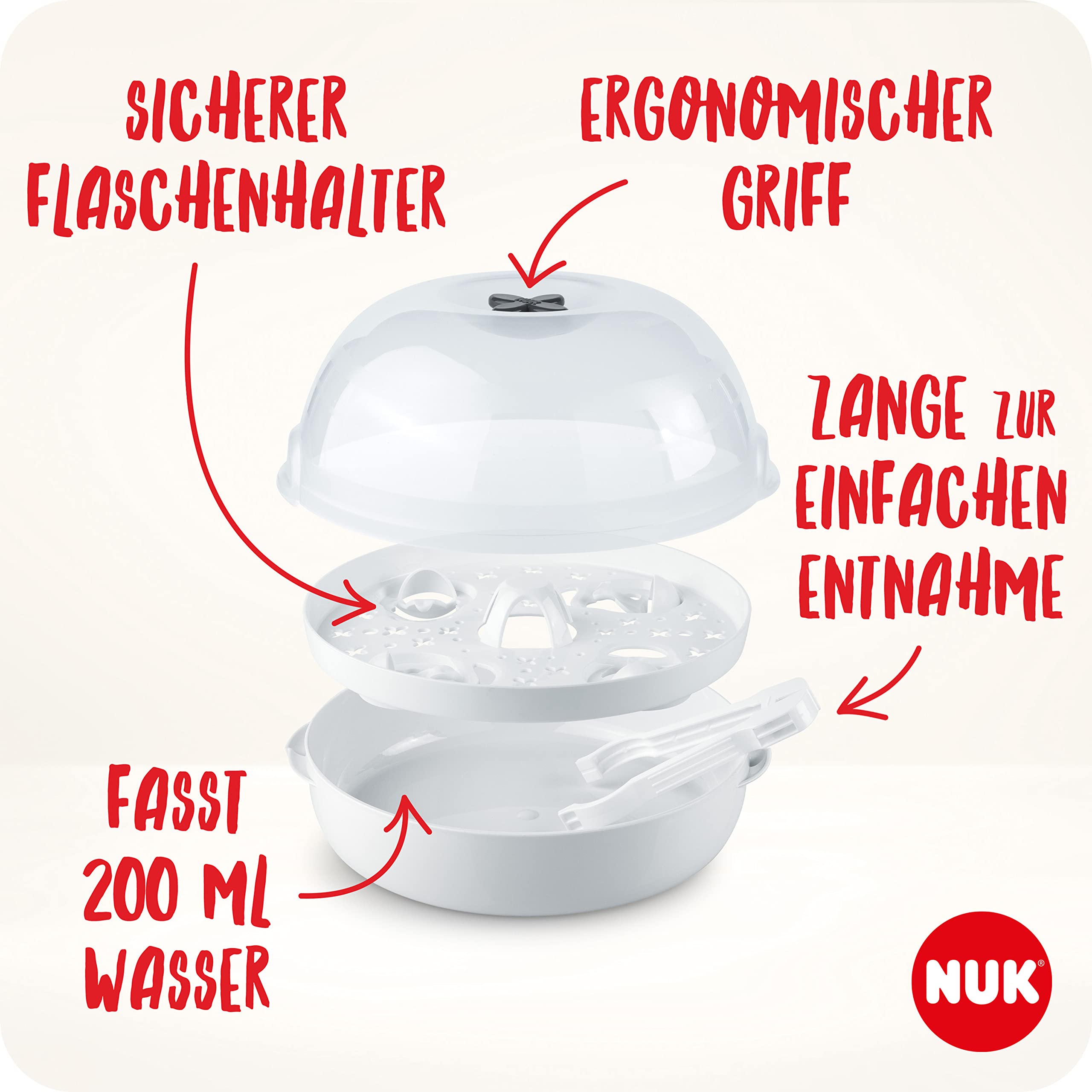 NUK Micro Express Plus Mikrowellen-Sterilisator für Flaschen | sterilisiert bis zu 4 Babyflaschen plus Zubehör in 4 Minuten | passt in die meisten Mikrowellen | inklusive Flaschenzange 5