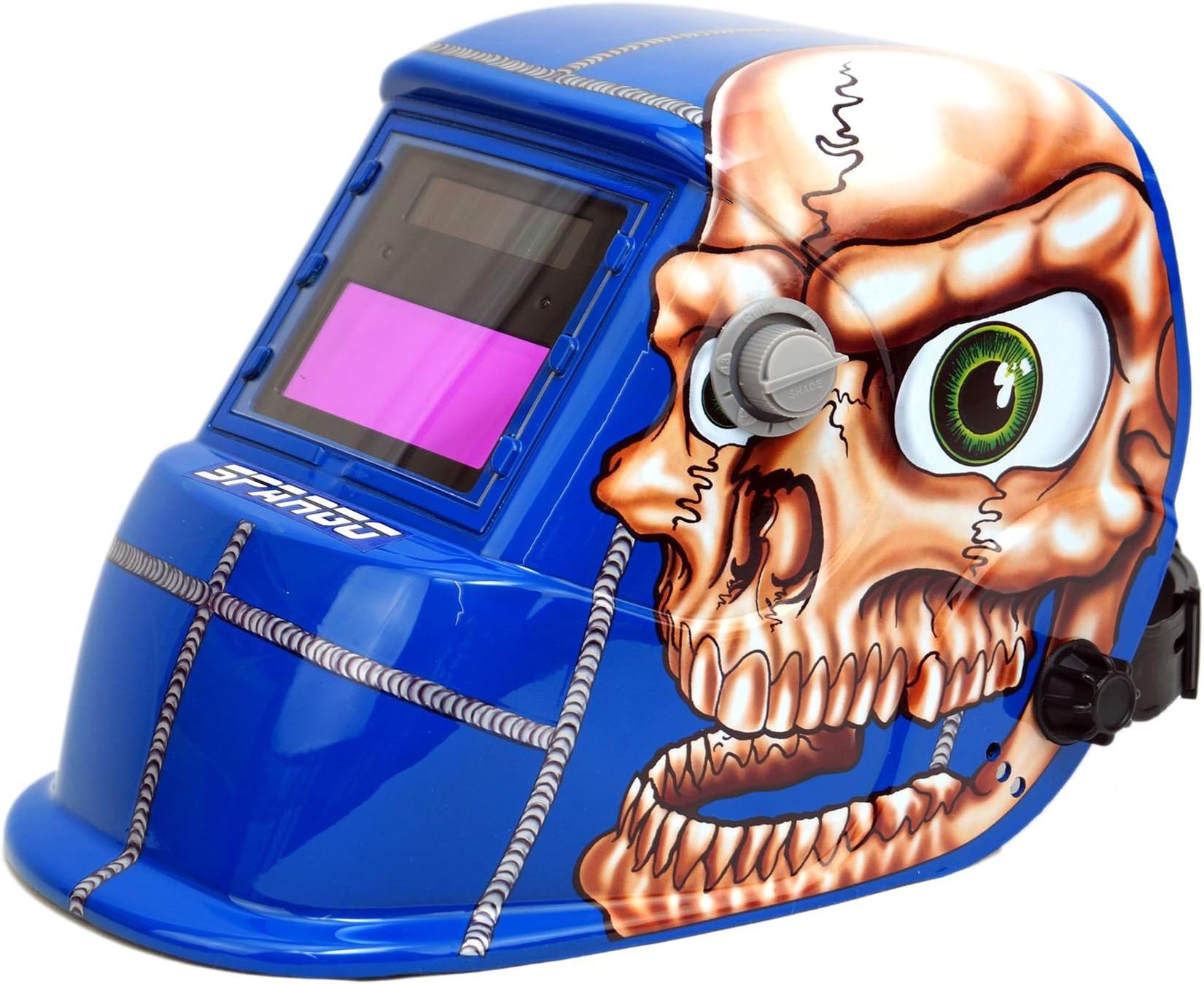 Spargos Auto Darkening Welding Cutting Helmet Mask Eyes Protection Solar Powered Gas Mig Tig Arc Welder Black with Grinding Function Blue Skull Design