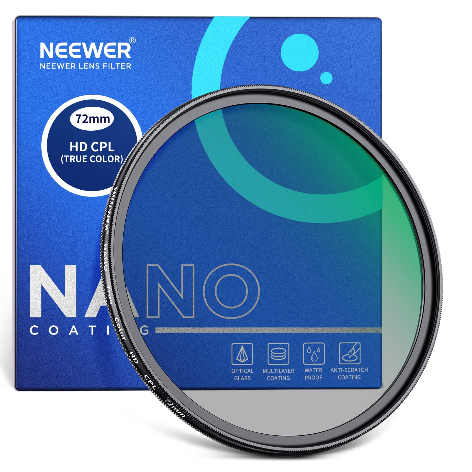 NEEWER 72 mm True Colours Polarising Filter (CPL), Circular Polarising Filter, Optical HD Glass, Double-Sided, 30-Layer Nano Coating, Aluminium Frame, Water-Repellent, Scratch-Resistant, Anti