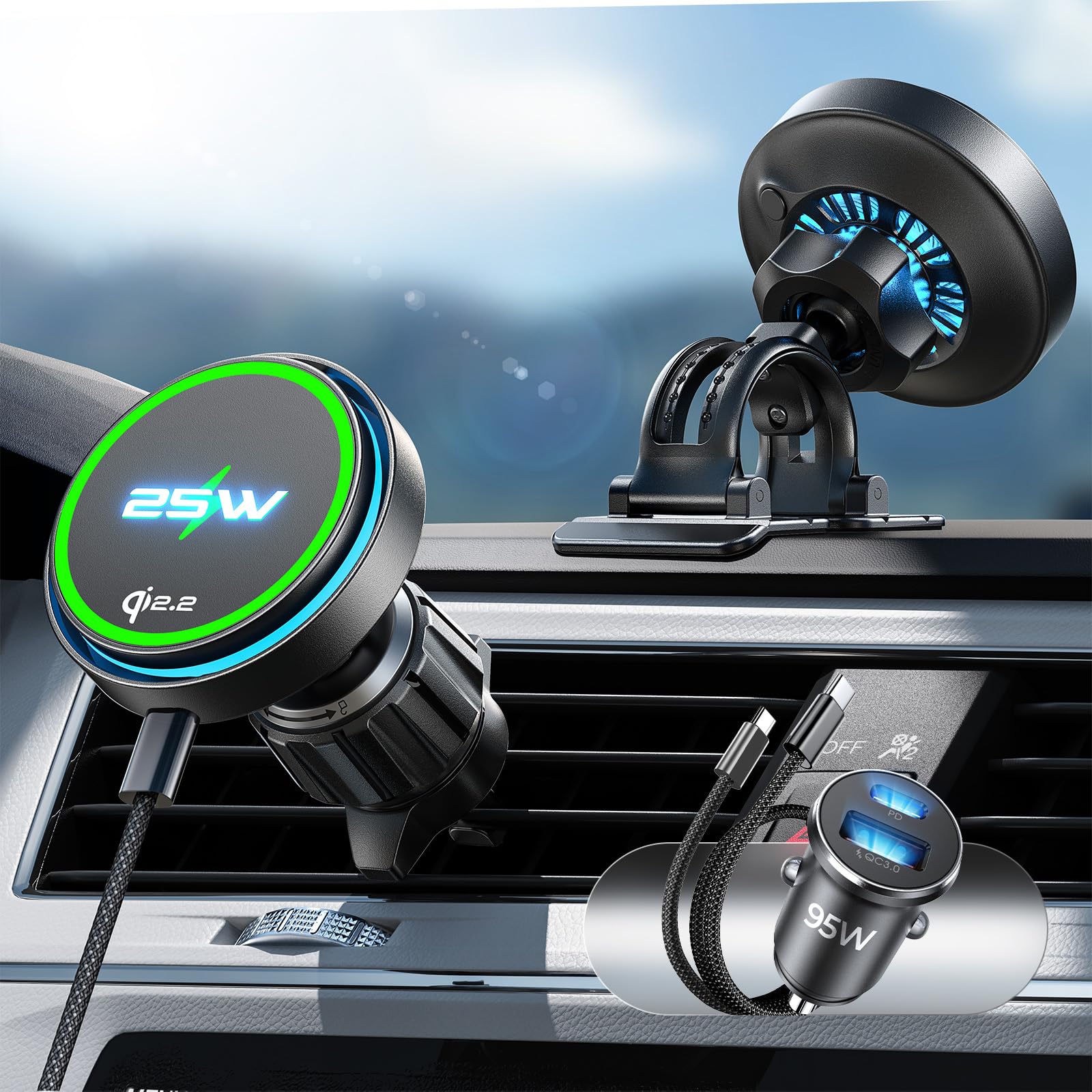 Photo 1 of LISEN for Qi2.2 25W MagSafe Car Mount Charger?[Top Spec with Cooling Fan?95W Custom Adapter] iPhone 17 Pro Max Car Charger Fast Charging for iPhone 17/16 Pro Max Plus Air with iOS26,Vent or Dashboard