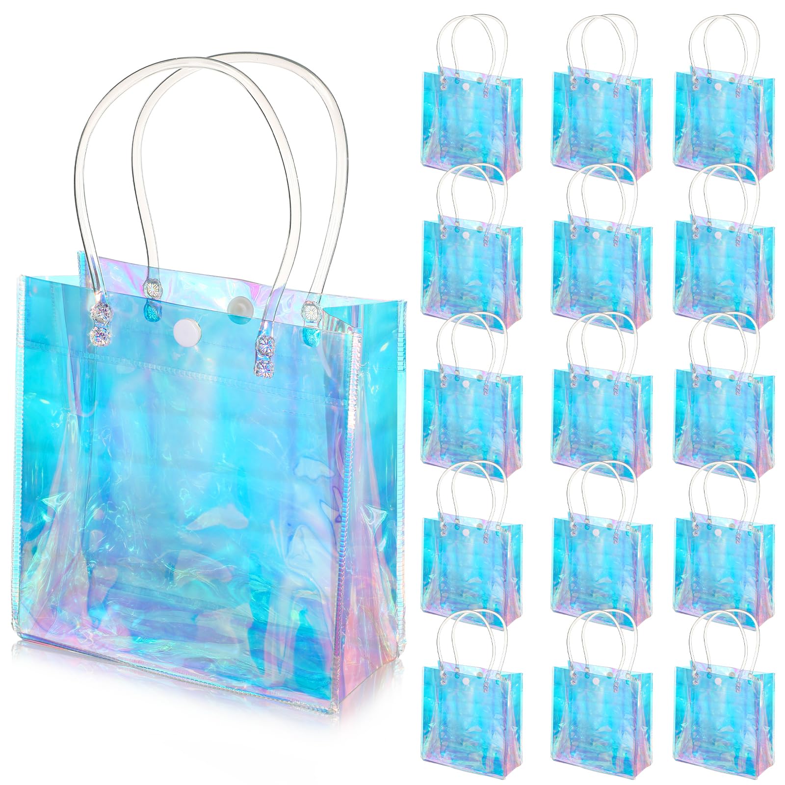 Photo 1 of **ONLY 6** Sherr 16 Pcs Holographic Small Gift Bag Reusable Iridescent Clear Bags for Women PVC Plastic Goodie Holder with Handles for Shopping Christmas Holiday Gift Party Favor(5.91" x 6.3" x 2.76",Rainbow)