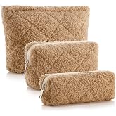 Paterr 3 Pcs Khaki Quilted Makeup Bag Set, Fuzzy Cosmetic Pouch | Small Travel Organizer for Women Girls, Zippered Aesthetic Bridesmaid Gift, Soft Pencil Pouch Cosmetic Storage Case