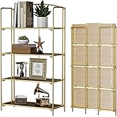 Crofy No Assembly Folding Bookshelf for Living Room, 4 Tier Gold Collapsible Book Shelf for Home Office, Portable Bookcase Storage Organizer