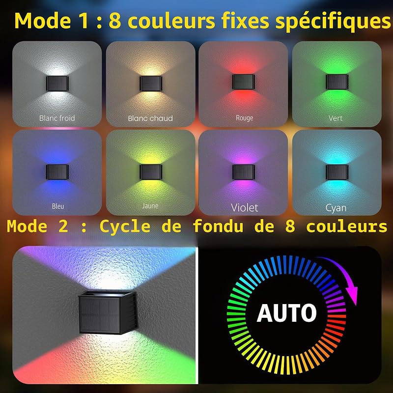 Lampe Solaire Murale Exterieur RVB IP65 Étanche pour Jardin 2 Pièces