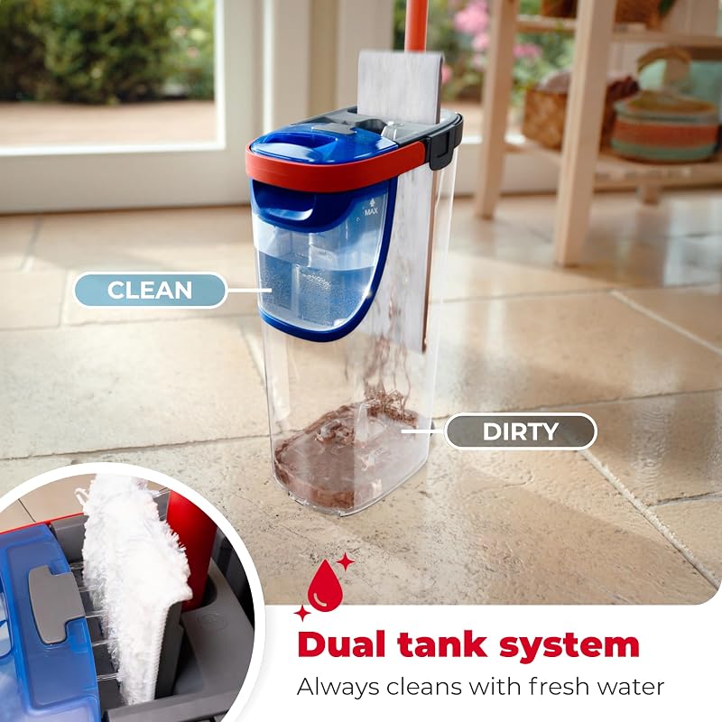 H2PrO Flat Mop sistema lavapavimenti a piastra piatta, con secchio lavapavimenti a doppia serbatoio, separa acqua pulita e sporca, 1,2 L per 60 m², compatto e salvaspazio, uso con una mano