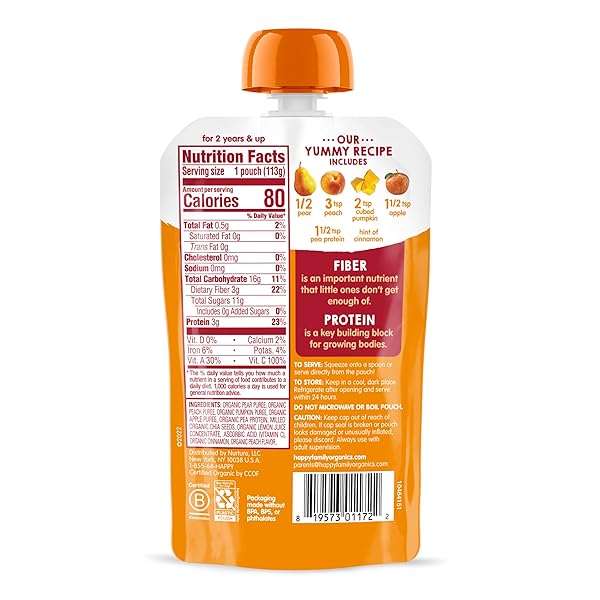 HAPPY TOT ORGANICS STAGE 4 BABY FOOD POUCHES, GLUTEN FREE, VEGAN SNACK, FIBER & PROTEIN FRUIT & VEGGIE PUREE, APPLES, PEACHES, PUMPKIN & CINNAMON, 4 OUNCE (PACK OF 1)
