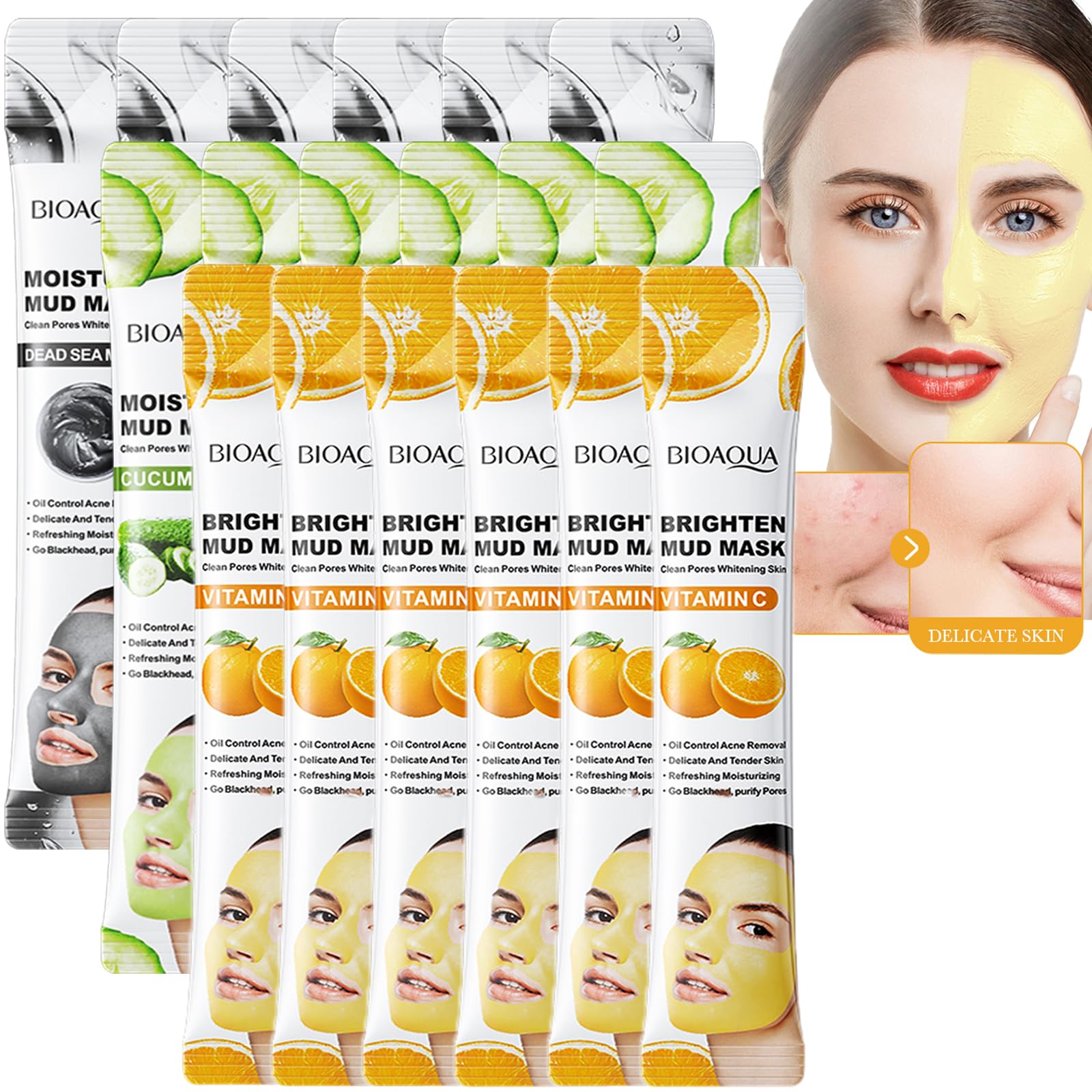 Veroa 18Pcs 3-Flavor Clay Face Mask,Added With Dead Sea Mud, Cucumber Extract,Citrus Inositol Extract Face Masks Skincare,Deep Cleansing,Hydrating,Brighten Facial Mask,for All Skin Types