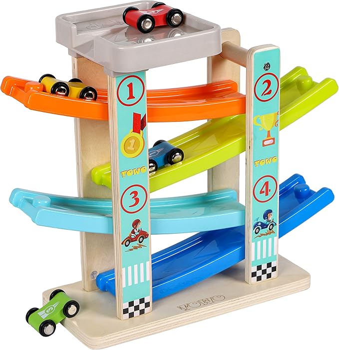 TOWO Wooden Car Ramp Toy Zig Zag Car Slide with 4 Wooden Cars & Roof