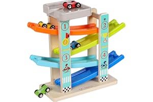TOYS OF WOOD OXFORD TOWO Wooden Car Ramp Toy- Zig Zag Car Slide with 4 Wooden Cars & Roof Top Car Park Playsets-Click Clack Track for Toddlers -Racing Car Toys for Kids Boys Girls 2 3 4
