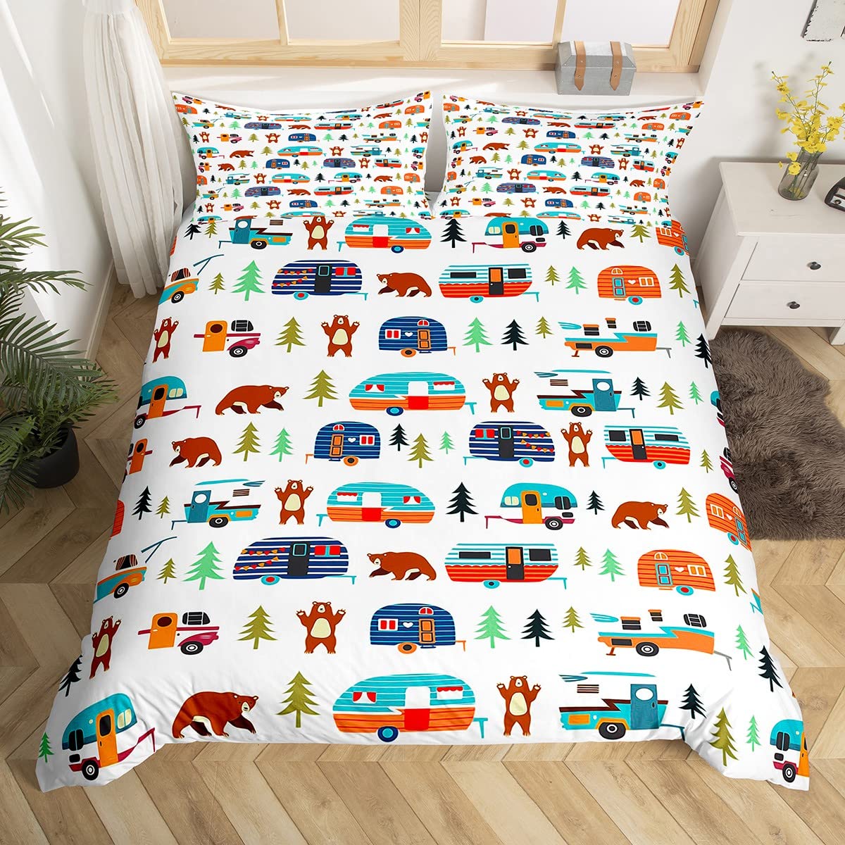 Camper Bedding Set Kids Farmhouse Camping Van Comforter Cover Set for Boys Girls Nature Wild Bear Animal Duvet Cover Breathable Camper Bedspread Room Decor Quilt Cover Single Size โ image 1