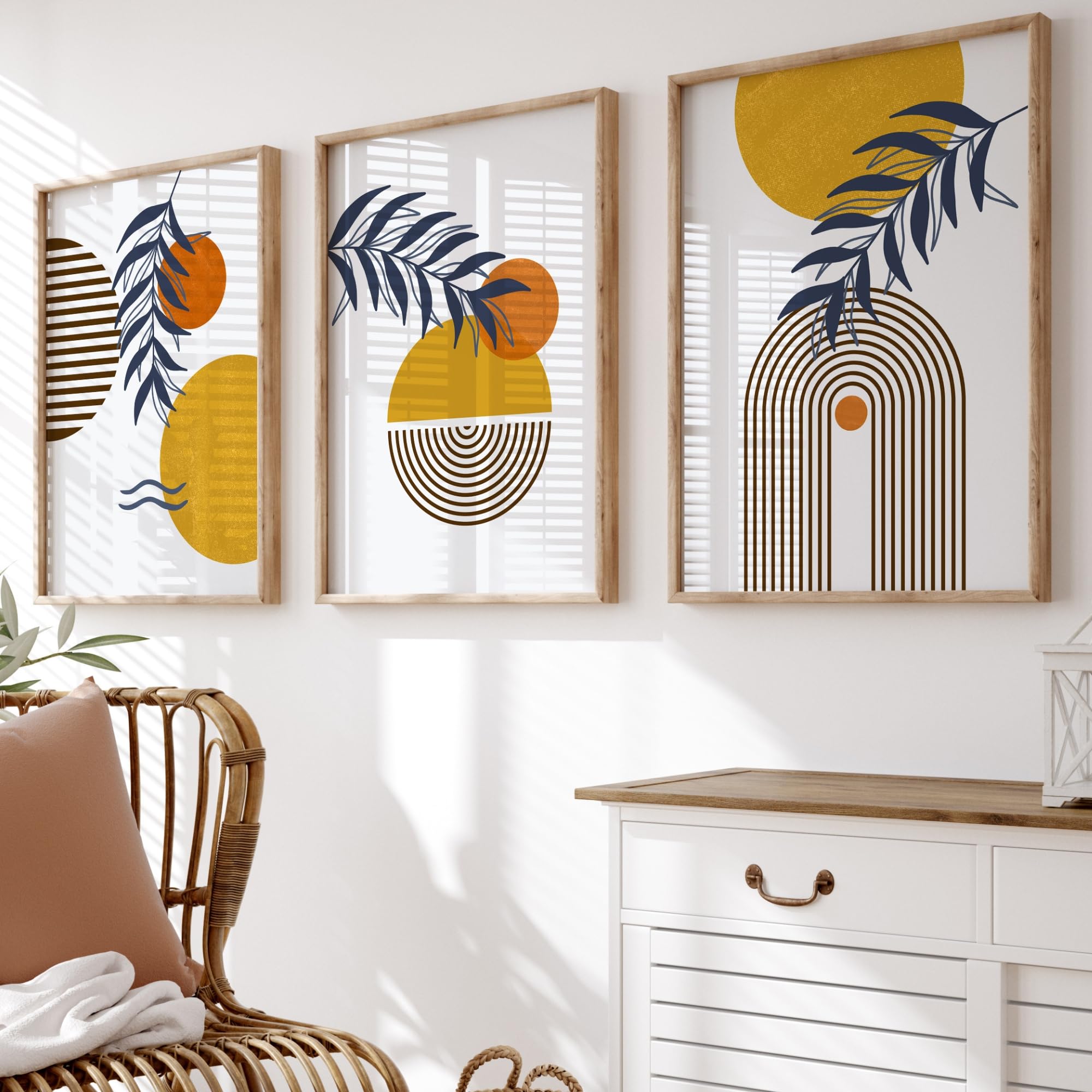 Mid Century Wall Art Set | Set of 3 Prints | Yellow Orange Wall Art | Boho Home Decor | UNFRAMED | A3, A4 (A3)