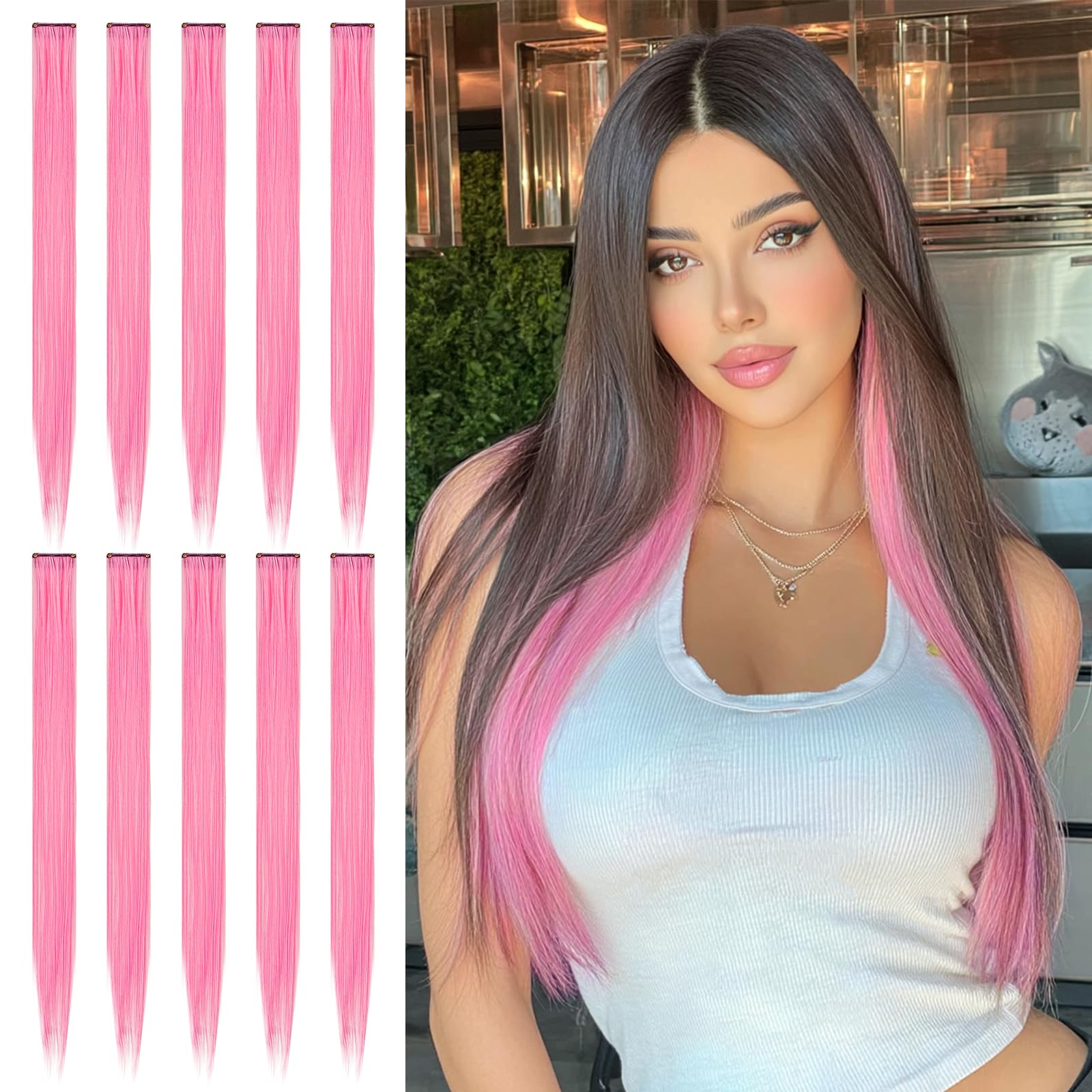 Sofeiyan Colored Hair Extensions Straight Hairpiece 22 Inch 10 Pcs Colorful Clip in Hair Extensions Synthetic Colored Party Highlights for Women, Pink — image 1