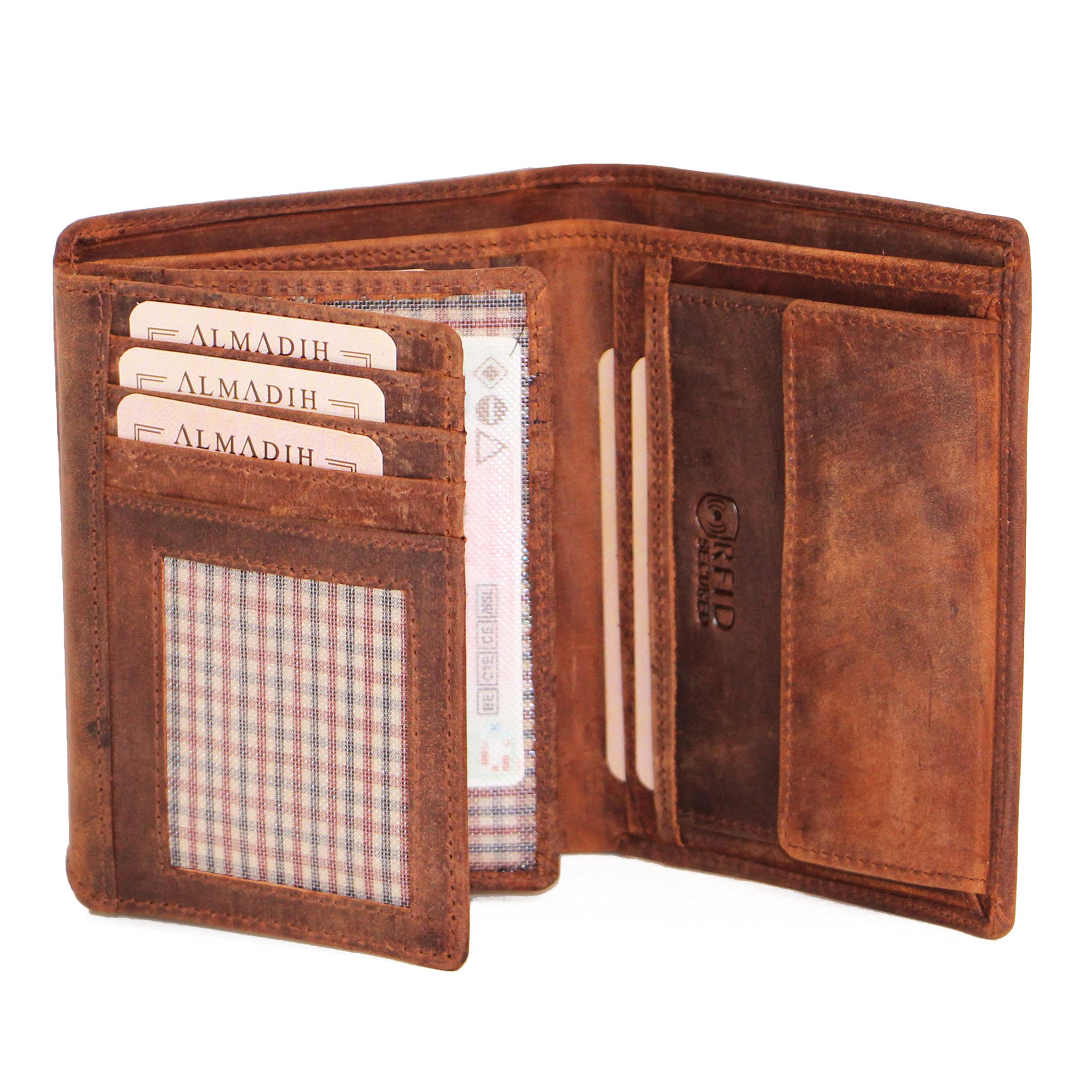 ALMADIH Leather Wallet Vertical Format 17 Card Slots with Gift Box P2H Brown Vintage Premium Cow Leather - Men Purse Credit Card Case Holder Coin Storage pouche ID Window Note case Genuine (P2H Vinta