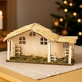 Leinuosen Nativity Stable Creche 11.8 Inch Nativity Scene Manger with Ladder Straw Roof and Floor Religious Christmas Wooden Decor Rustic Xmas Wood Stable Set for Home Desk Indoor Collectable Gift