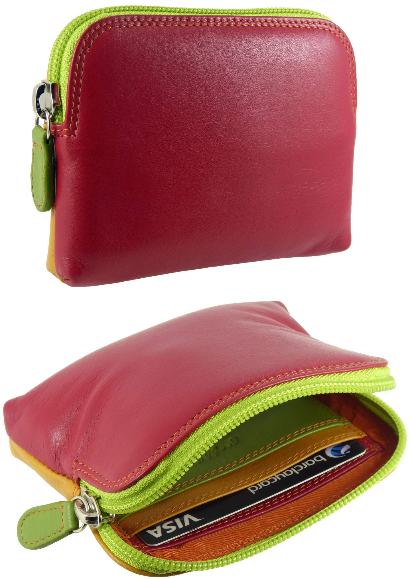 Small Soft Leather Credit Card Holder and Coin Zip Purse (Red/Dark Yellow Multi)(Size: S) โ image 1