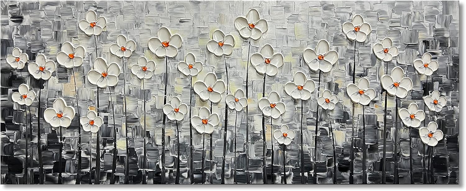 Paintings - Epicler art Canvas Wall Art 3D White Floral Oil Painting Bedroom Kitchen Dining Room Office Home Wall Decoration 20x50 inch