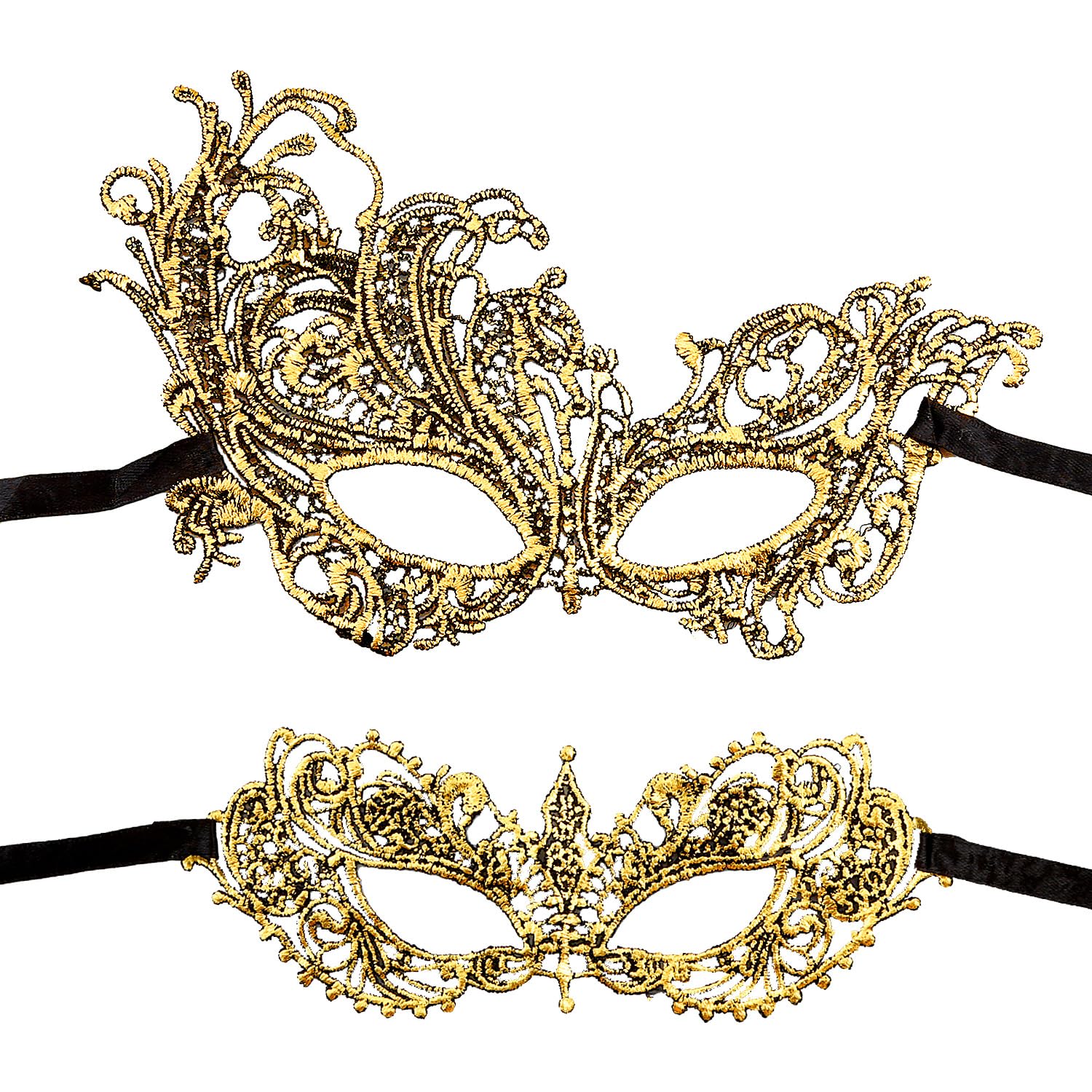 Gaomumu 2PCS Gold Elegant Lace Masquerade Mask for Women, Venetian Carnival Mardi Gras Mask, Halloween Prom Ball Costume Fancy Dress Party Mask