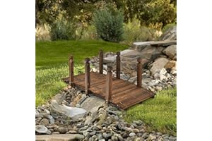 HAPPYGRILL 5FT Wooden Bridge, Decorative Small Arc Pond Bridge Landscaping Bridge with Safe Chain Railings, Garden Bridges fo