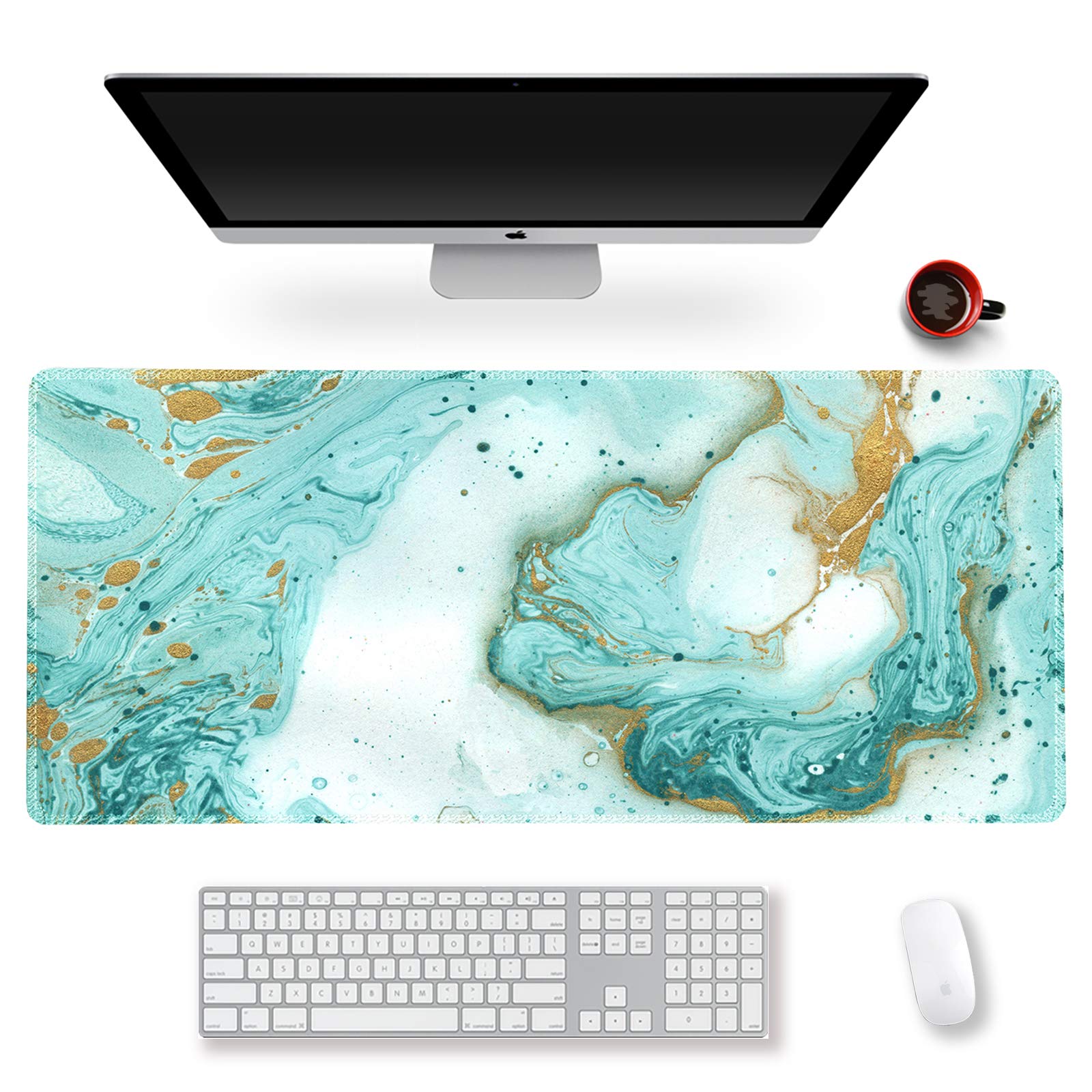 ArtSo Extended Gaming Mouse Pad XXL Large Keyboard Mat Long Mousepad Desk Decor Writing Pad Non Slip Rubber Base Stitched Edges for Work, Game, Office, Home, 35.1 x 15.7 in, Teal Turqoise Marble