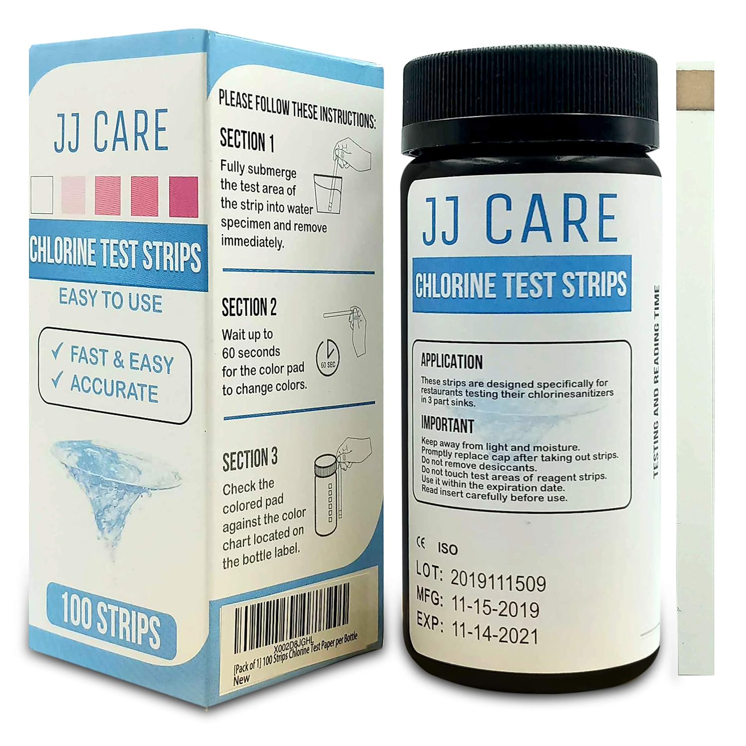 JJ Care Chlorine Test Strips for Food Service, Chlorine Test Kit for Restaurants 0200 ppm