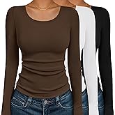 Ekouaer Womens Long Sleeve Shirts 3 Packs Scoop Neck Ribbed Tops Fitted Thermal Undershirt Soft Layering Tees XS-XXL
