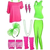 Vinsatin 8 Pcs 80s Costume Women Outfit Accessories Set Tee Racerback Legging Pants Anklet Gloves Earring Hairband