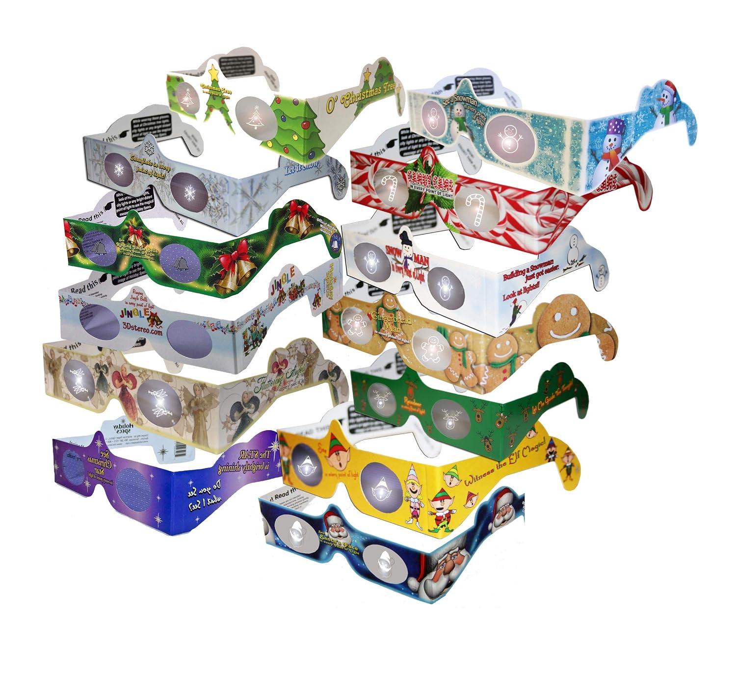 23 Pairs 3D Christmas New Years - Includes Jingle Bells Glasses -14 Different - Most Different Styles - Folded & Sleeved - Transform Christmas & New Years Lights Into Magical Images (609207227809)