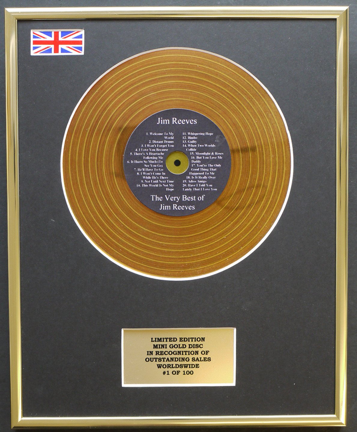 Limited Edition mini gold disc Display JIM REEVES/MINI GOLD DISC DISPLAY/LIMITED EDITION/COA/THE VERY BEST OF JIM REEVES